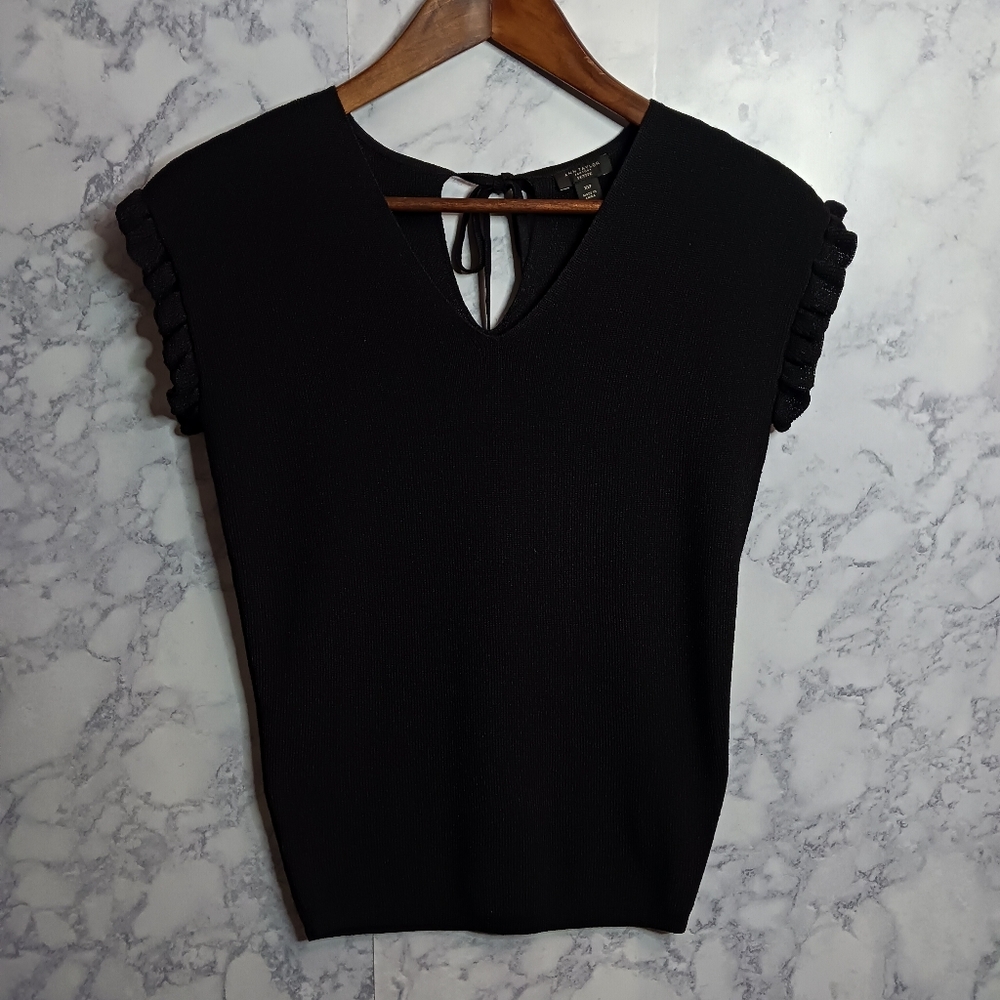 Ann Taylor Factory Blouse Top Women Size XSP Black Stretch Short Sleeve Casual